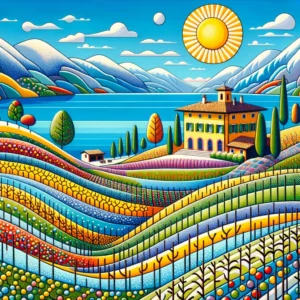 Un dipinto in stile naïf che mostra i vigneti di Lugana al tramonto, con la cantina Zenato che emerge nel paesaggio.