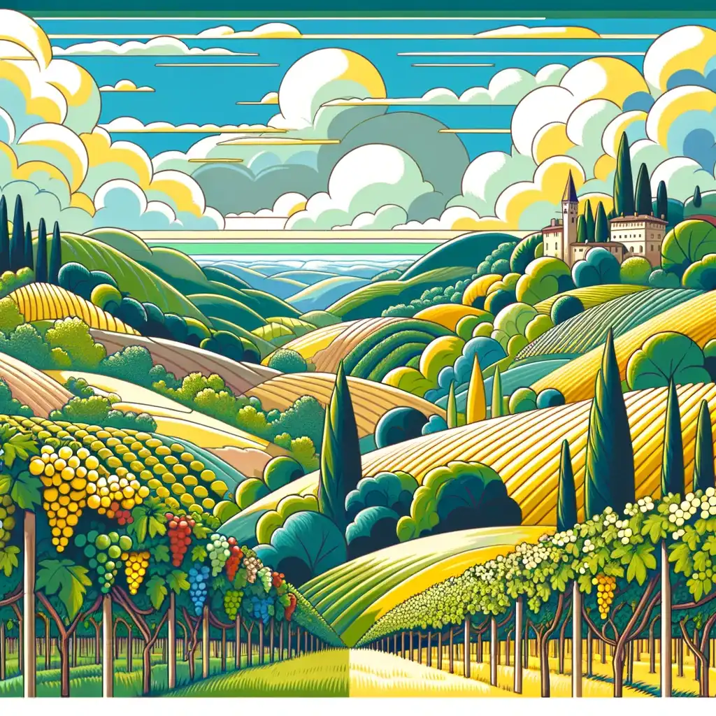 Vista pittoresca dei vigneti friulani, dove le colline si colorano delle tonalità del verde e del giallo sotto un cielo sereno